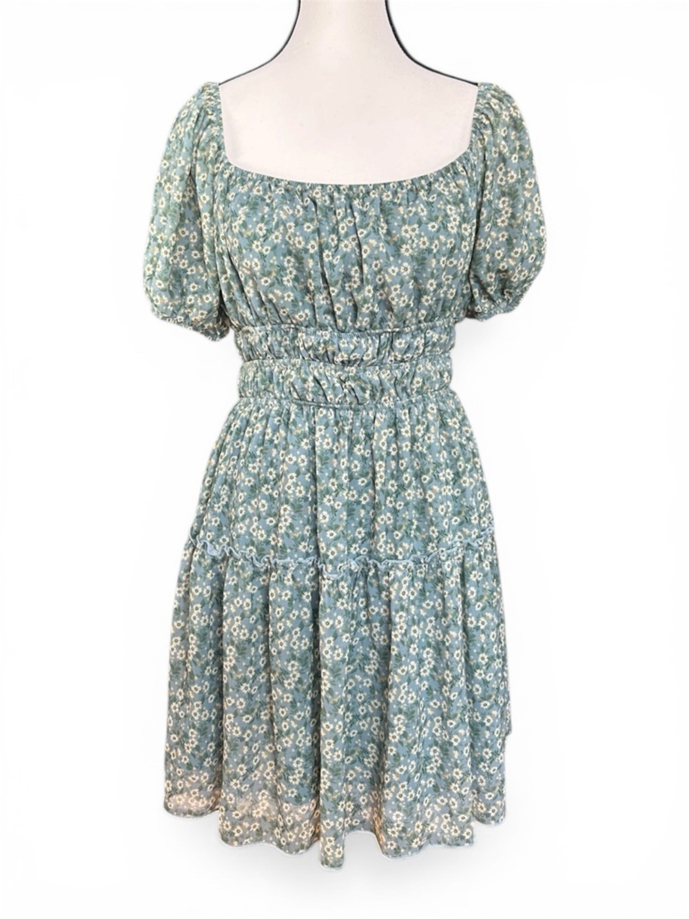 Altar’d State Women's Floral Dress L Sage Green Puff Sleeve Smocked Cottagecore - Picture 2 of 12